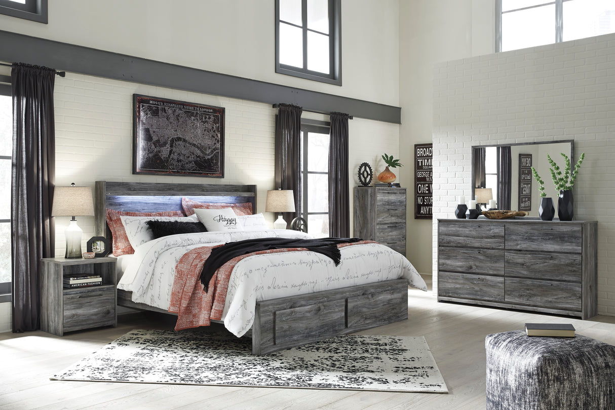 Baystorm Gray King Storage Bed, Dresser, Mirror, Chest and Nightstand