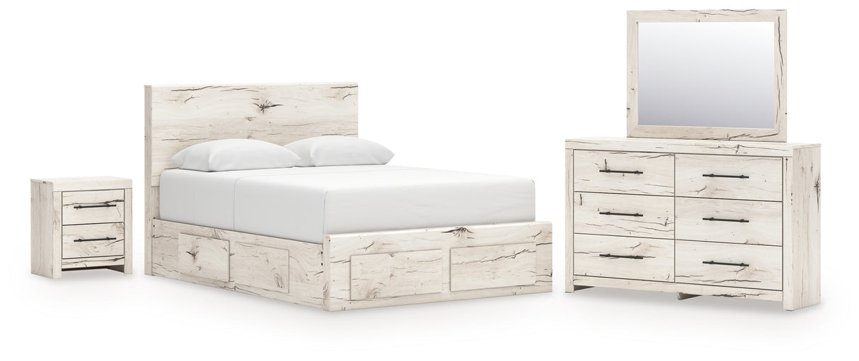 Lawroy Queen Panel Storage Bed with Mirrored Dresser and Nightstand in Light Natural from Ashley - Luna Furniture