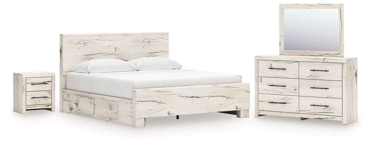 Lawroy King Panel Bed with Mirrored Dresser and Nightstand in Light Natural from Ashley - Luna Furniture