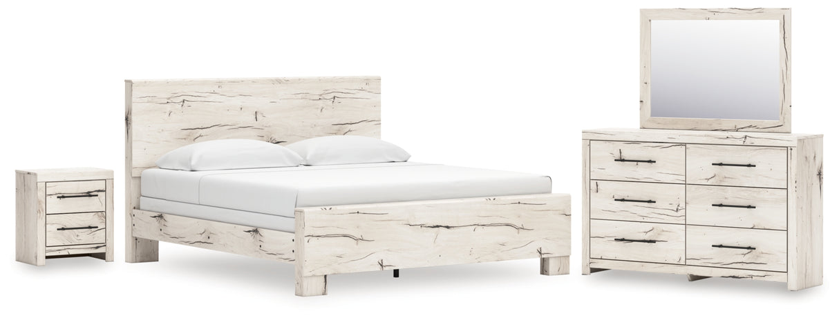 Lawroy King Panel Bed with Mirrored Dresser and Nightstand in Light Natural from Ashley - Luna Furniture