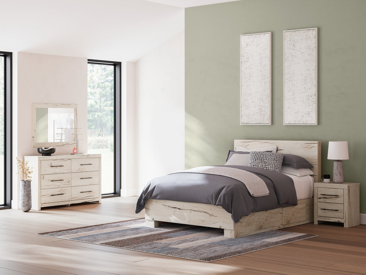 Lawroy Queen Panel Bed with Mirrored Dresser and Nightstand in Light Natural from Ashley Furniture - Luna Furniture