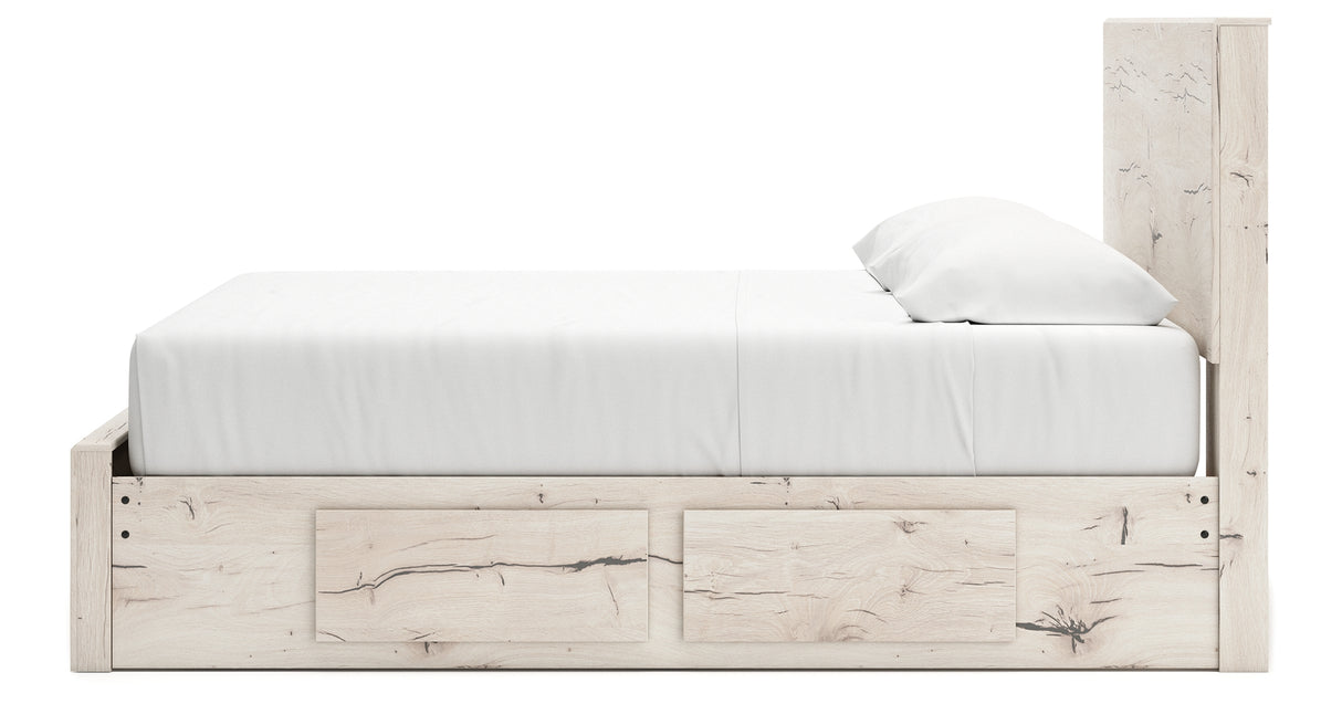 Lawroy King Panel Storage Bed with Mirrored Dresser and Nightstand in Light Natural from Ashley Furniture - Luna Furniture