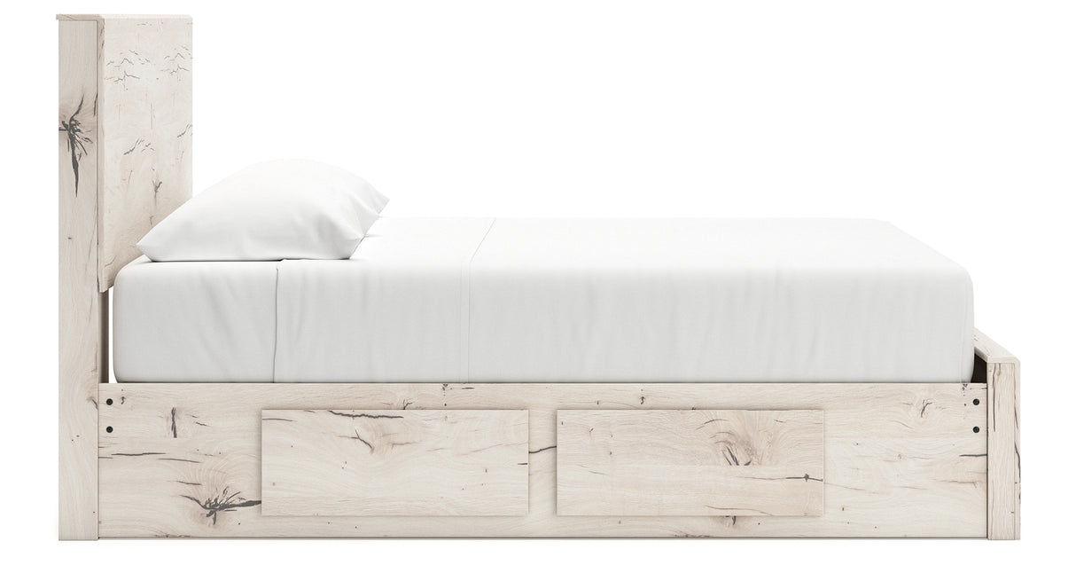 Lawroy Light Natural King Panel Storage Bed with Mirrored Dresser and Chest from Ashley - Luna Furniture