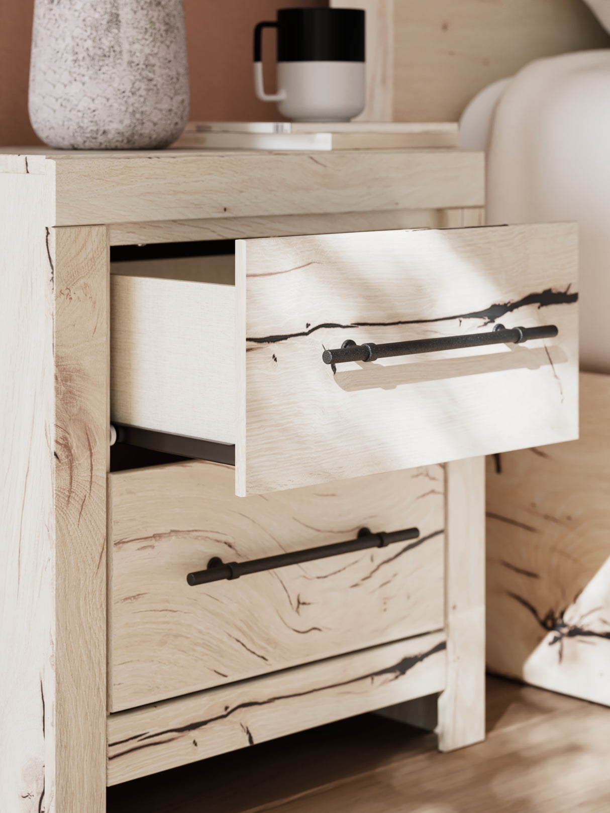 Lawroy King Panel Bed with Mirrored Dresser and Nightstand in Light Natural from Ashley - Luna Furniture
