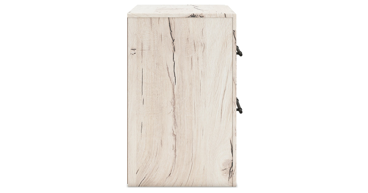 Lawroy King Panel Bed with Mirrored Dresser and Nightstand in Light Natural from Ashley - Luna Furniture