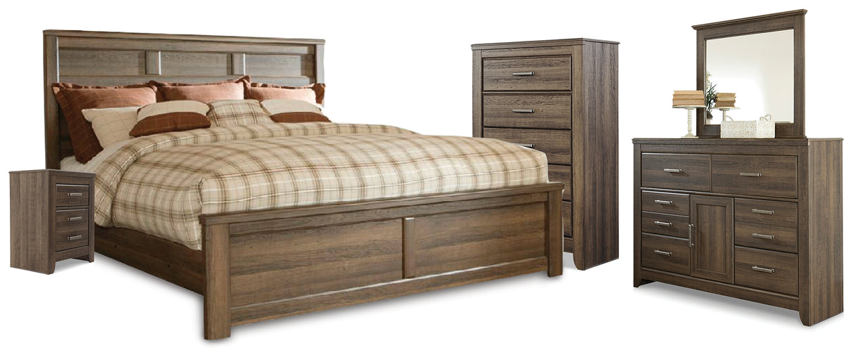 Juararo California King Panel Bed with Mirrored Dresser, Chest and Nightstand in Dark Brown from Ashley - Luna Furniture
