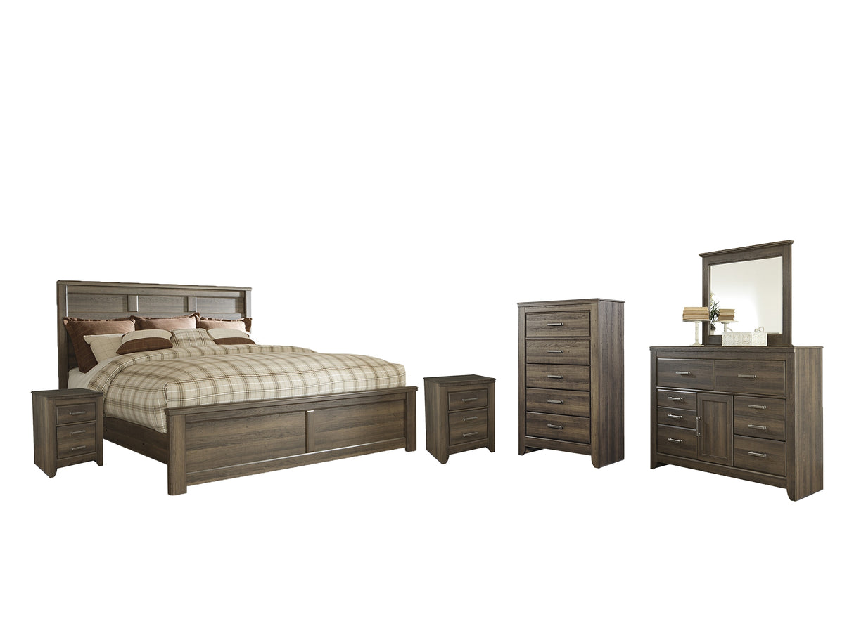 Juararo California King Panel Bed with Mirrored Dresser, Chest and 2 Nightstands in Dark Brown from Ashley - Luna Furniture