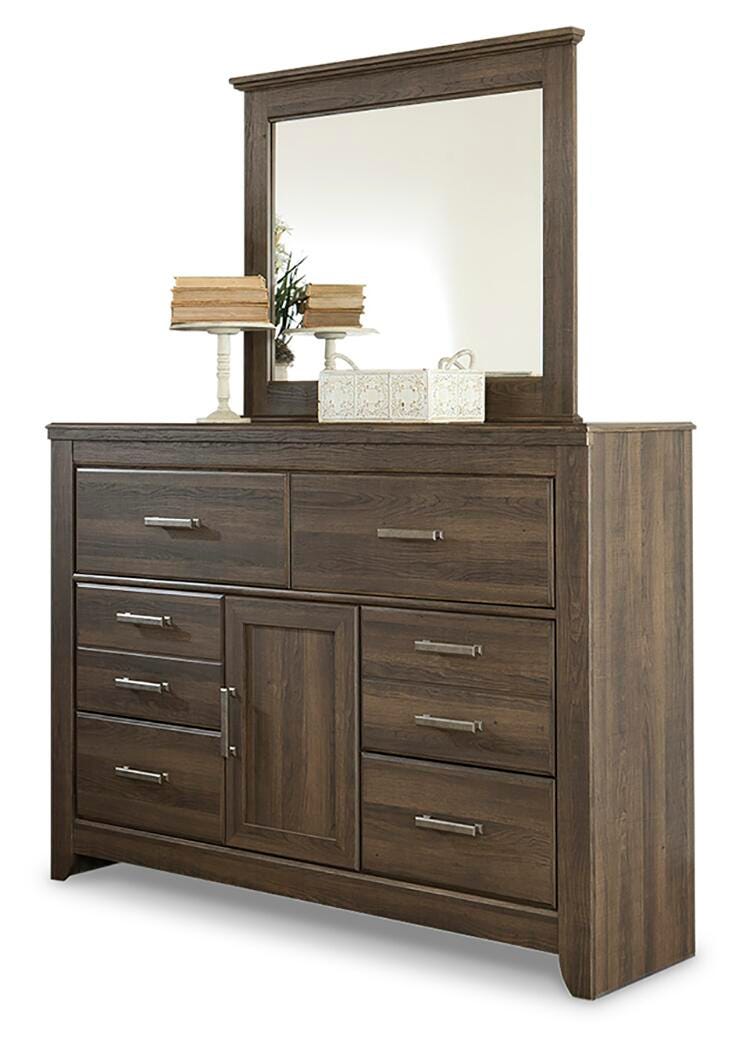 Juararo Dark Brown Queen Poster Bed with Mirrored Dresser and 2 Nightstands from Ashley - Luna Furniture