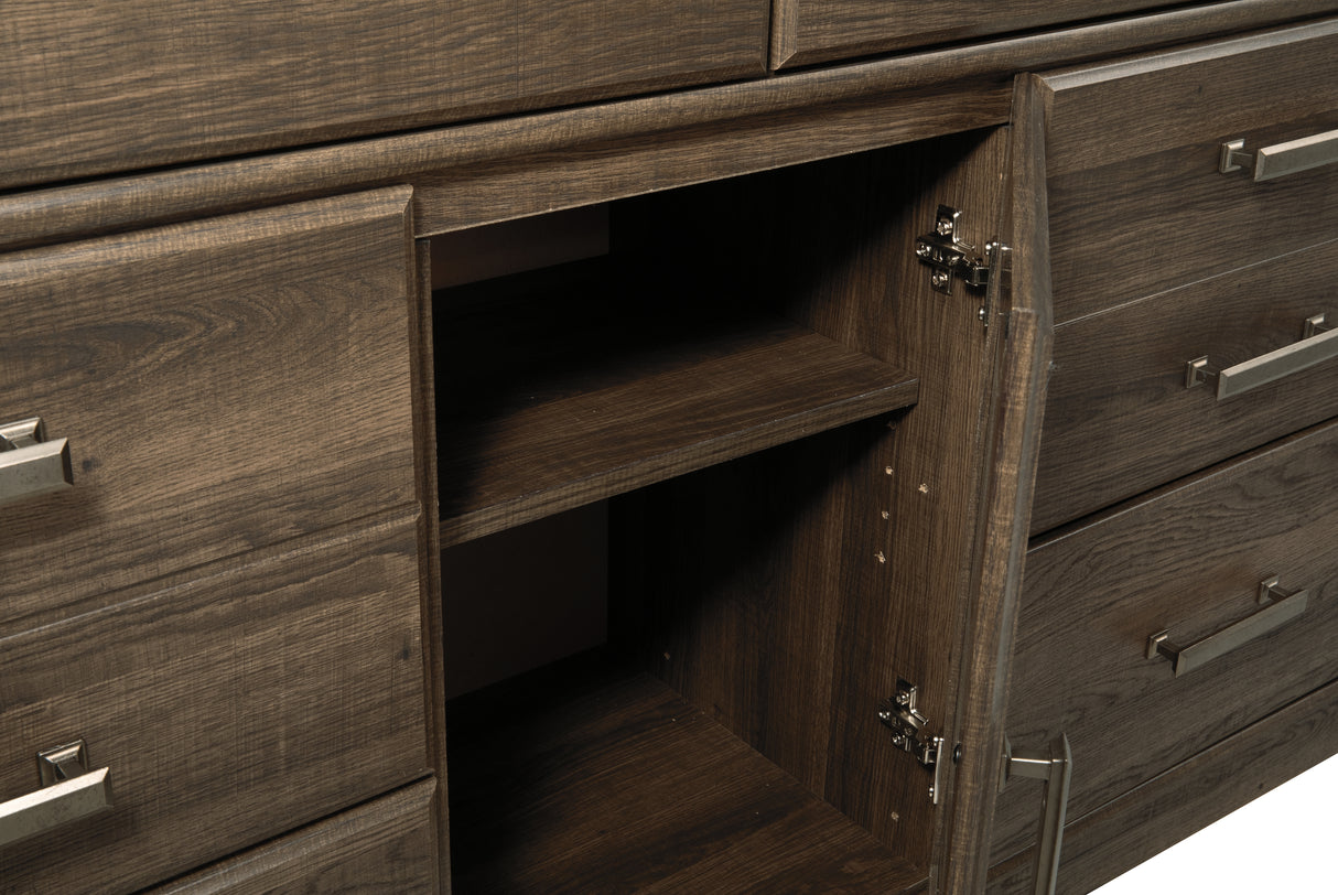 Juararo Dark Brown Queen Poster Bed with Mirrored Dresser and 2 Nightstands from Ashley Furniture - Luna Furniture