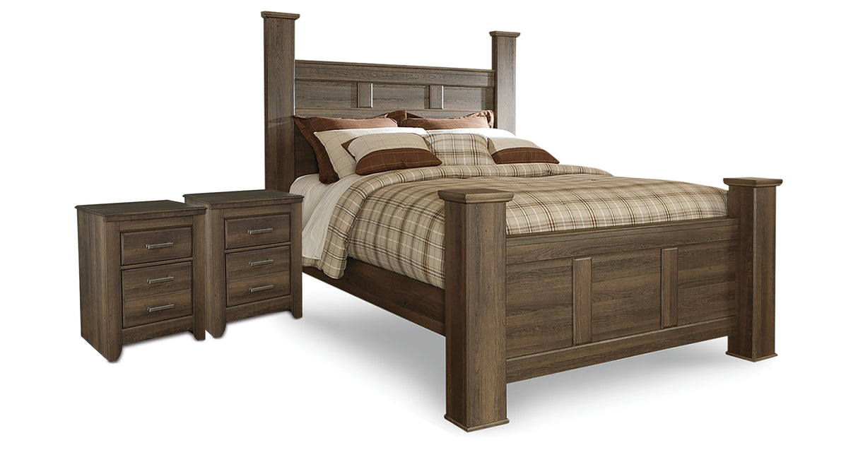 Juararo Dark Brown Queen Poster Bed and 2 Nightstands from Ashley Furniture - Luna Furniture
