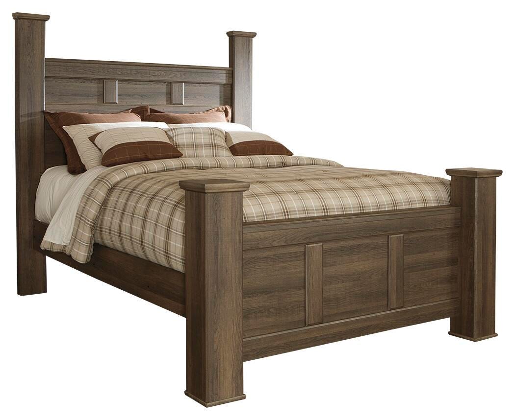 Juararo Dark Brown Queen Poster Bed with Mirrored Dresser and 2 Nightstands from Ashley - Luna Furniture
