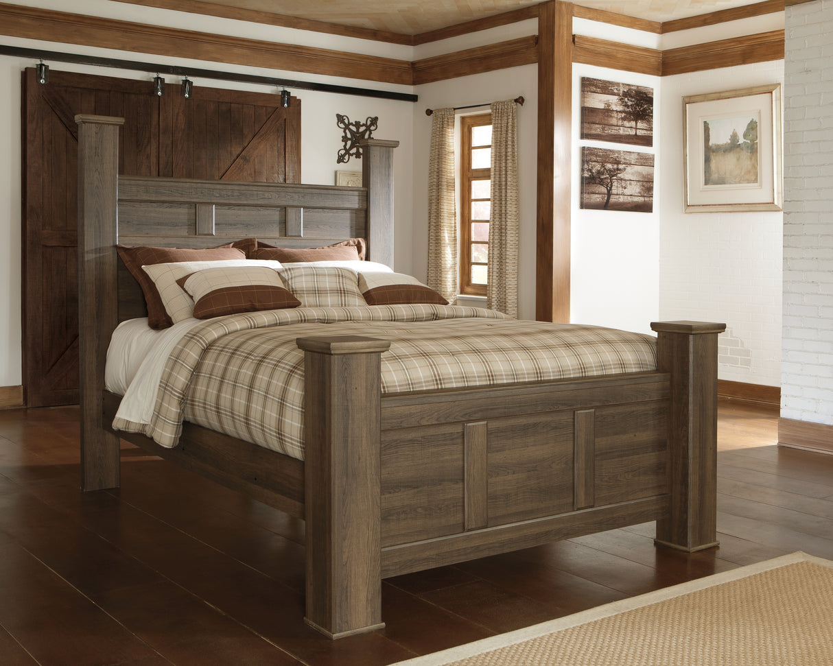 Juararo Dark Brown Queen Poster Bed with Mirrored Dresser and 2 Nightstands from Ashley Furniture - Luna Furniture