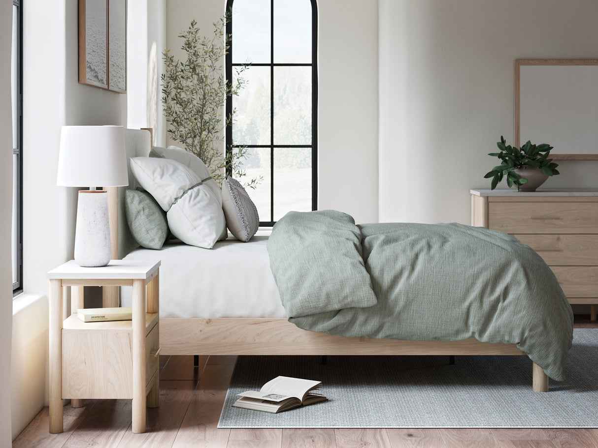 Cadmori Queen Upholstered Panel Bed with Mirrored Dresser and Nightstand in Two-tone from Ashley - Luna Furniture