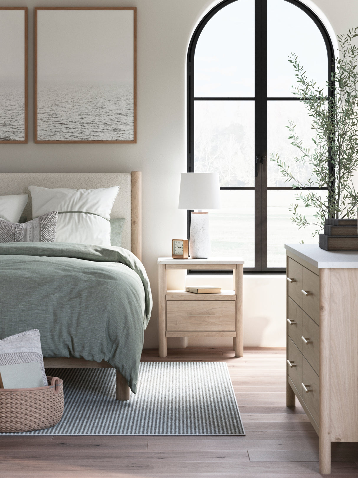 Cadmori Queen Upholstered Panel Bed with Mirrored Dresser and Nightstand in Two-tone from Ashley - Luna Furniture