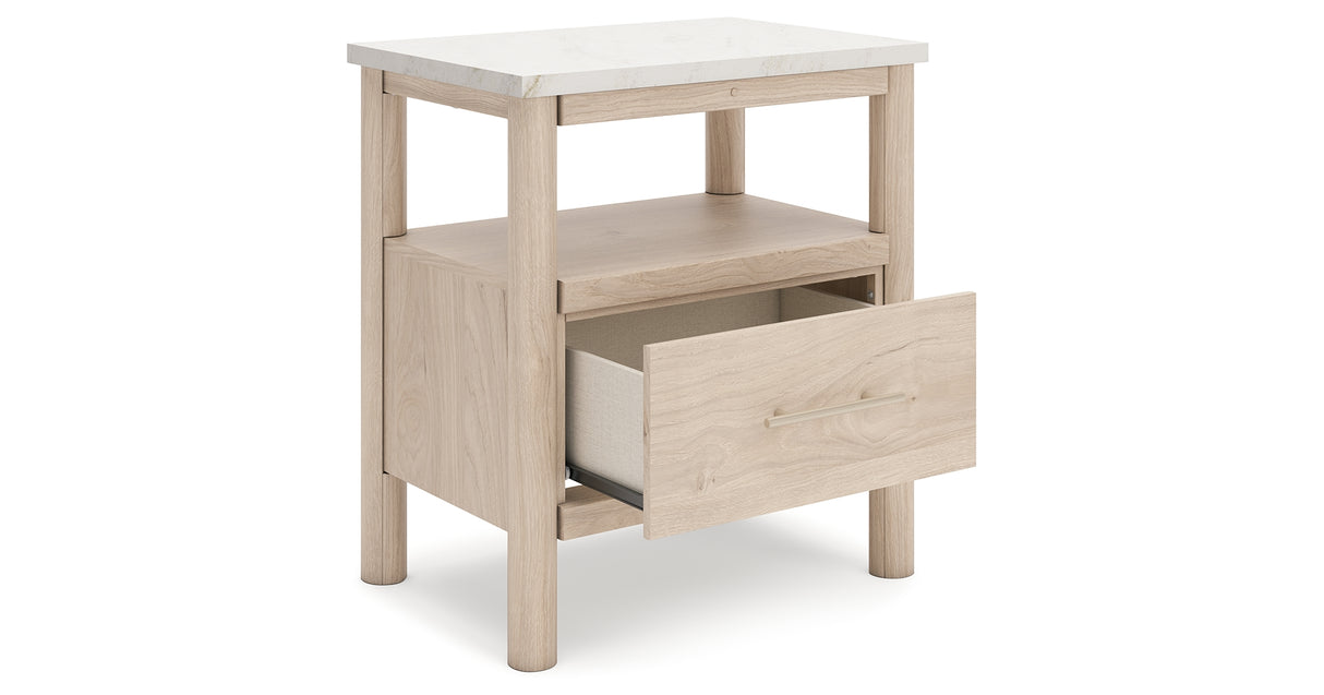 Cadmori Queen Upholstered Panel Bed with Mirrored Dresser, Chest and Nightstand in Two-tone from Ashley - Luna Furniture