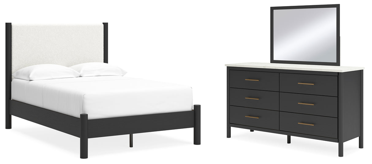 Cadmori Black/White Full Upholstered Panel Bed, Dresser and Mirror from Ashley - Luna Furniture