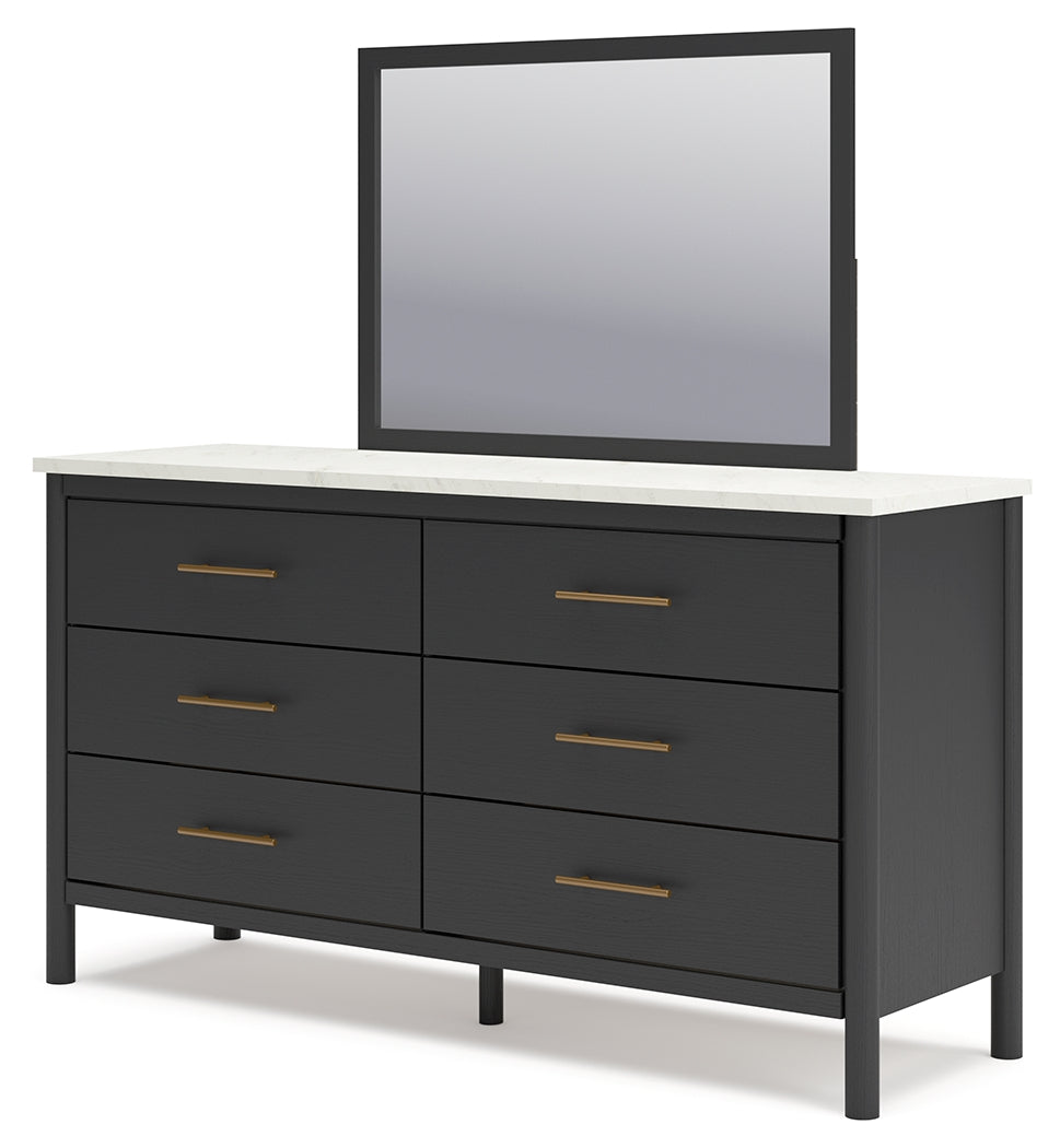Cadmori Black/White King Upholstered Panel Bed, Dresser and Mirror from Ashley - Luna Furniture