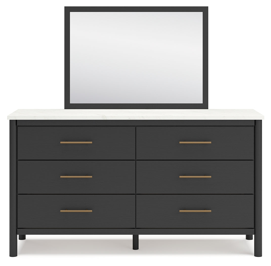 Cadmori Queen Upholstered Panel Bed, Dresser and Mirror in Black/White from Ashley - Luna Furniture