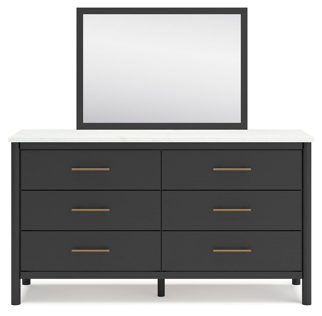 Cadmori Black/White King Upholstered Panel Bed, Dresser and Mirror from Ashley - Luna Furniture