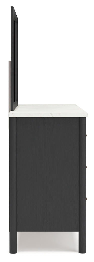 Cadmori Queen Upholstered Panel Bed, Dresser and Mirror in Black/White from Ashley - Luna Furniture