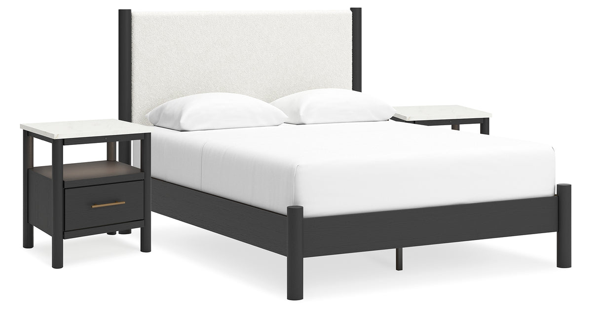 Cadmori Queen Upholstered Panel Bed with 2 Nightstands in Black/White from Ashley - Luna Furniture