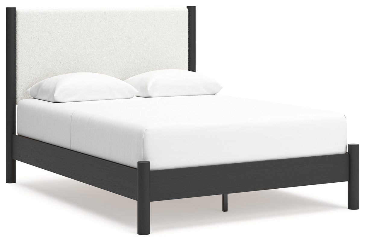Cadmori Queen Upholstered Panel Bed, Dresser and Mirror in Black/White from Ashley - Luna Furniture