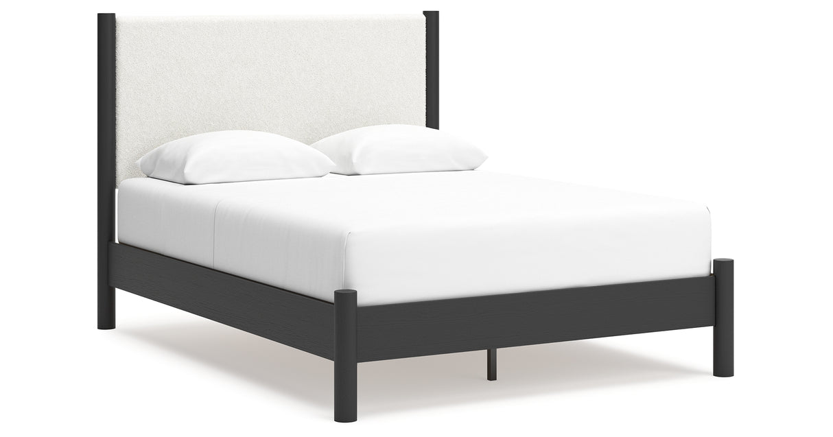Cadmori Queen Upholstered Panel Bed with 2 Nightstands in Black/White from Ashley - Luna Furniture