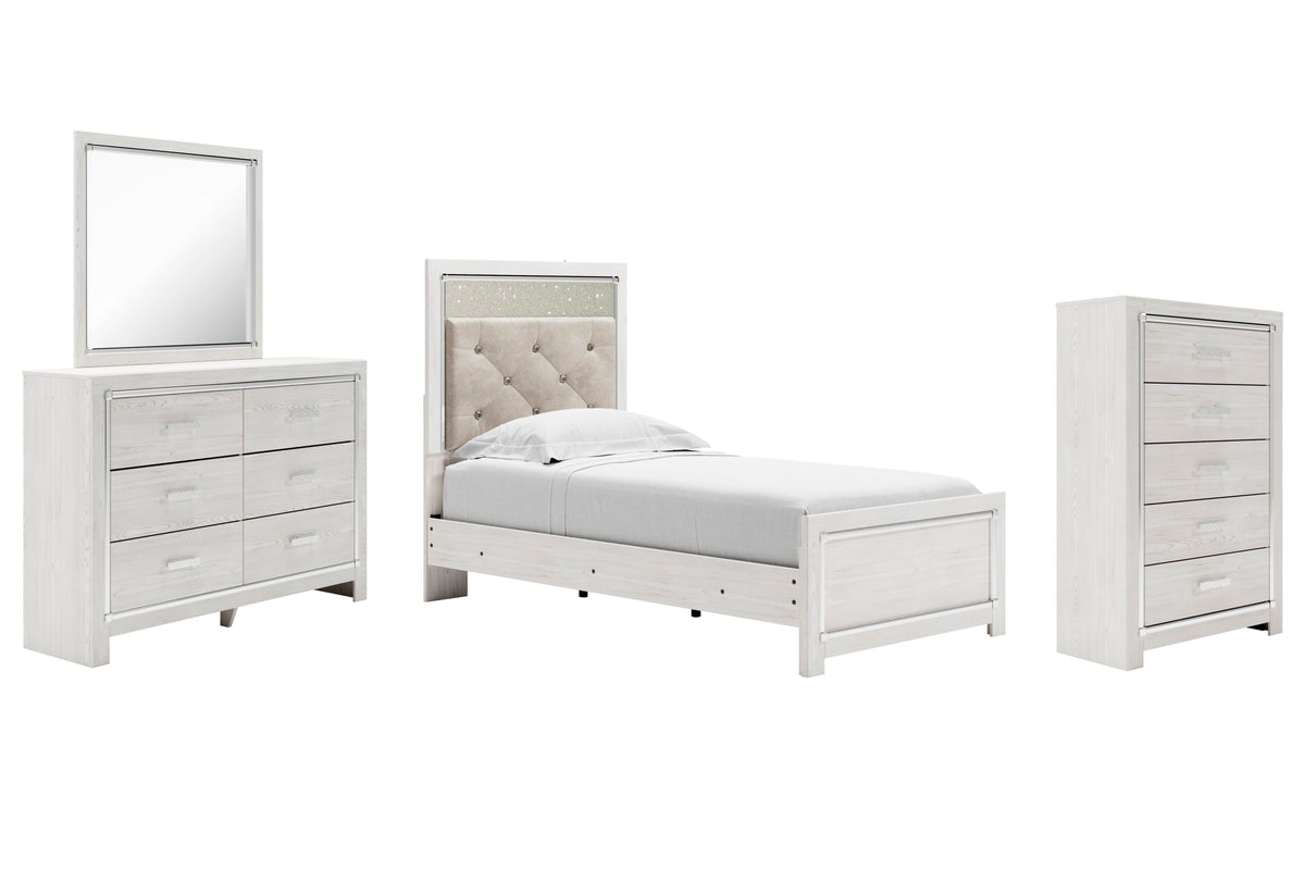 Altyra Twin Panel Bed with Mirrored Dresser and Chest in White from Ashley - Luna Furniture