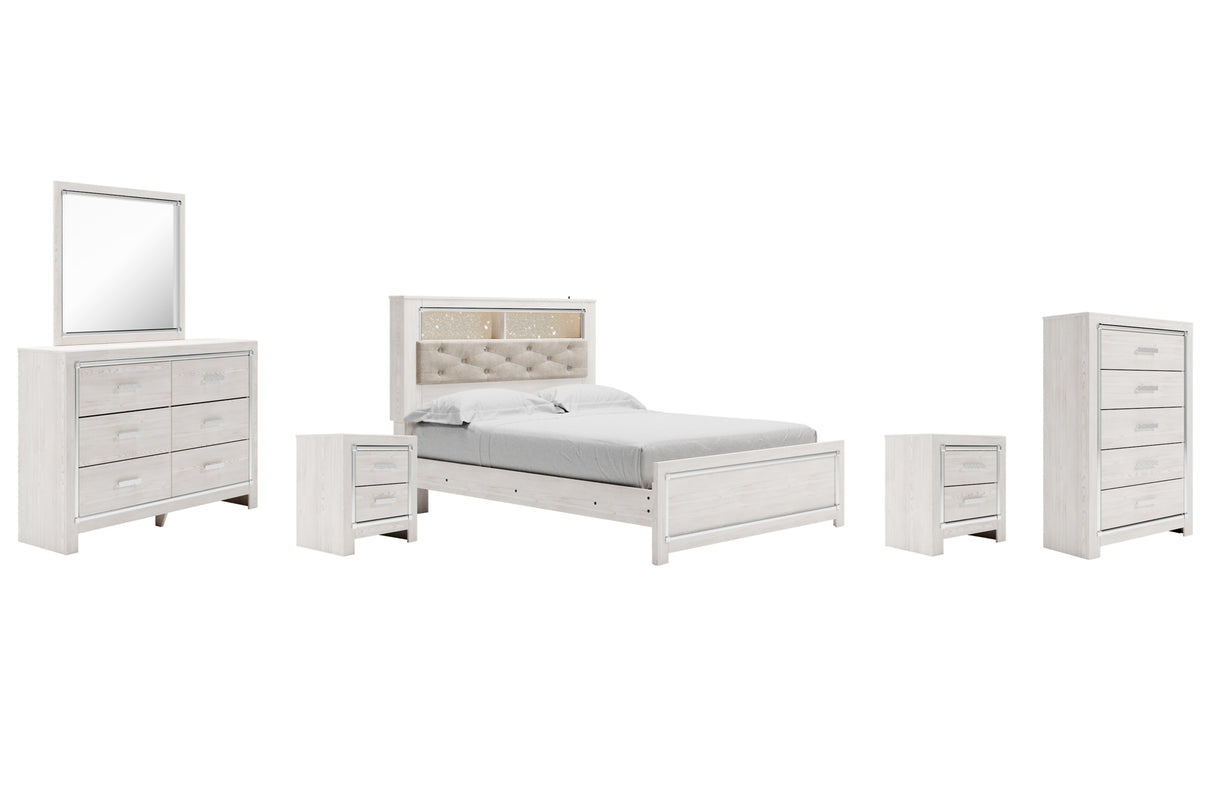 Altyra Queen Panel Bookcase Bed with Mirrored Dresser, Chest and 2 Nightstands in White from Ashley - Luna Furniture