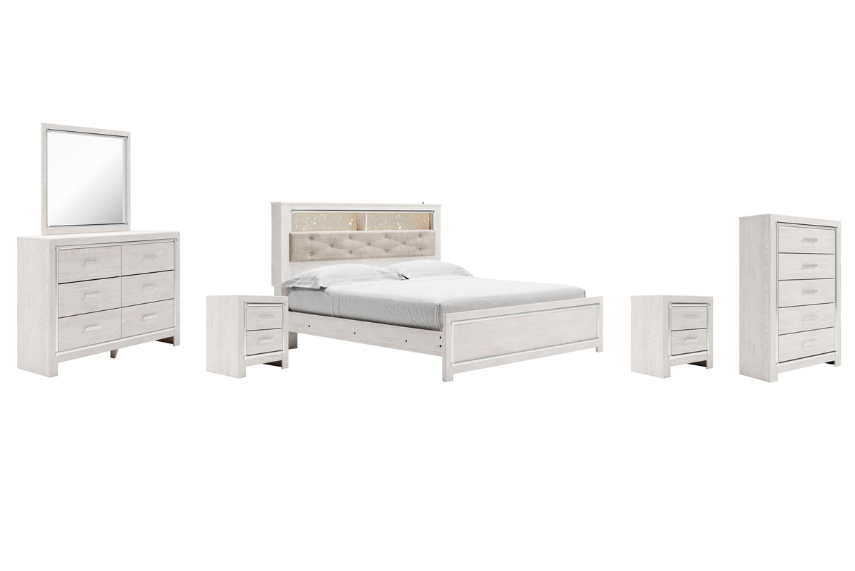 Altyra King Panel Bookcase Bed with Mirrored Dresser, Chest and 2 Nightstands in White from Ashley - Luna Furniture