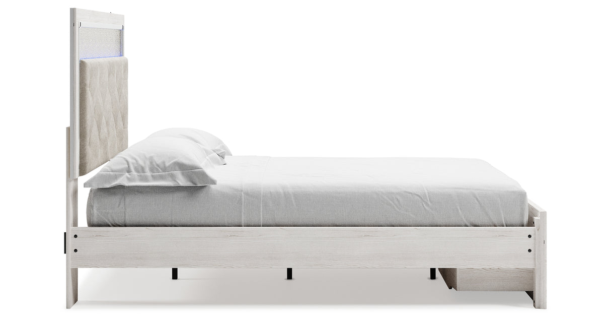 Altyra Queen Upholstered Storage Bed with Mirrored Dresser and Chest in White from Ashley Furniture - Luna Furniture