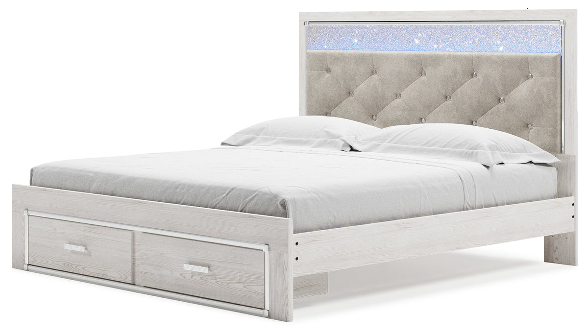 Altyra White King Upholstered Panel Storage Bed, Dresser, Mirror and Nightstand from Ashley Furniture - Luna Furniture