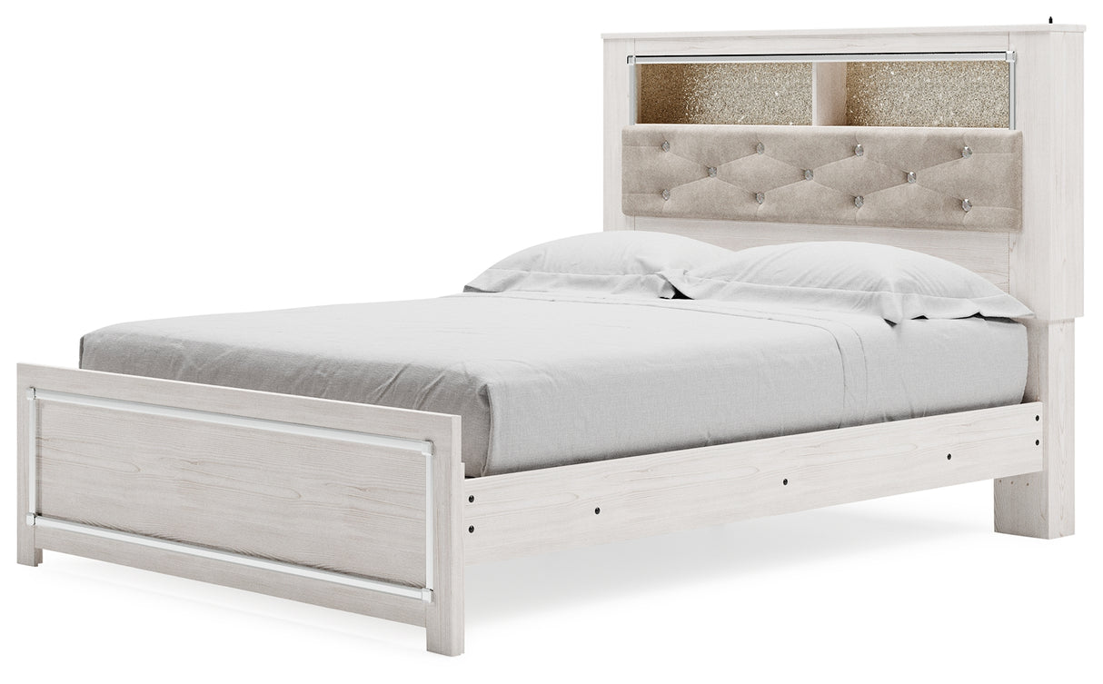 Altyra Queen Panel Bookcase Bed with Mirrored Dresser and Chest in White from Ashley - Luna Furniture