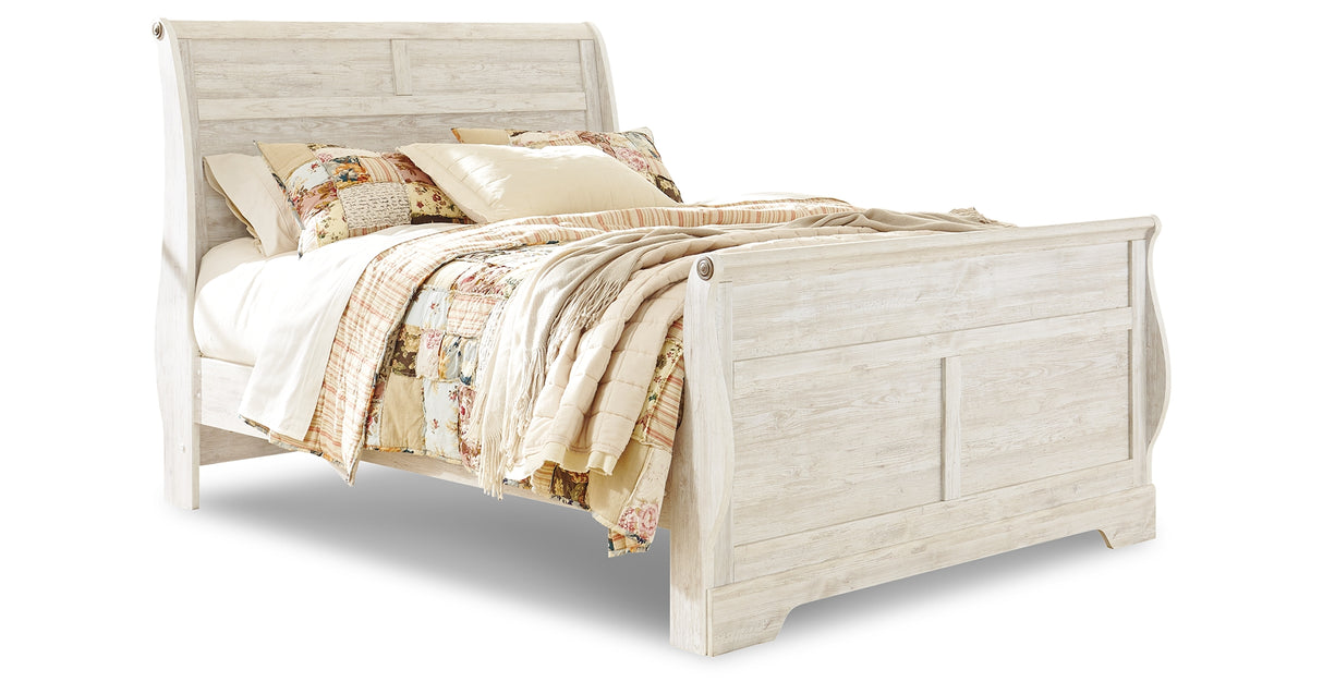 Willowton Queen Sleigh Bed with Mirrored Dresser and 2 Nightstands in Whitewash from Ashley Furniture - Luna Furniture