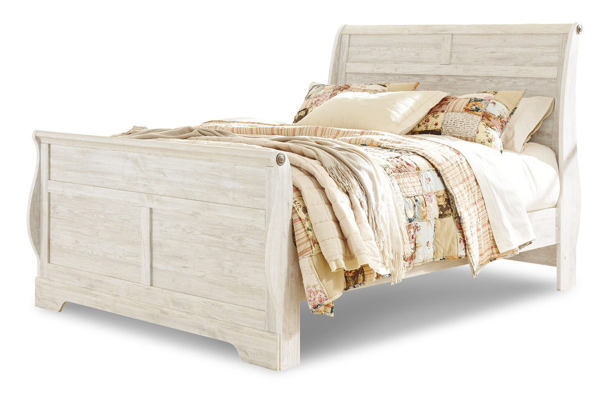 Willowton Queen Sleigh Bed with Mirrored Dresser in Whitewash from Ashley Furniture - Luna Furniture
