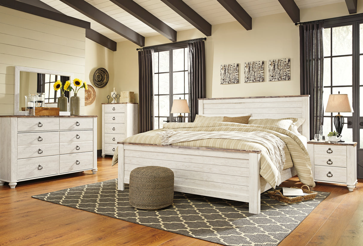 Willowton Whitewash King Panel Bed, Dresser, Mirror, and Nightstand from Ashley Furniture - Luna Furniture