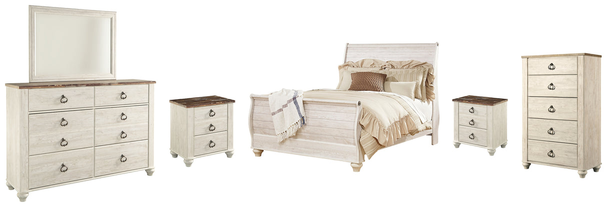 Willowton Queen Sleigh Bed with Mirrored Dresser, Chest and 2 Nightstands in Whitewash from Ashley Furniture - Luna Furniture