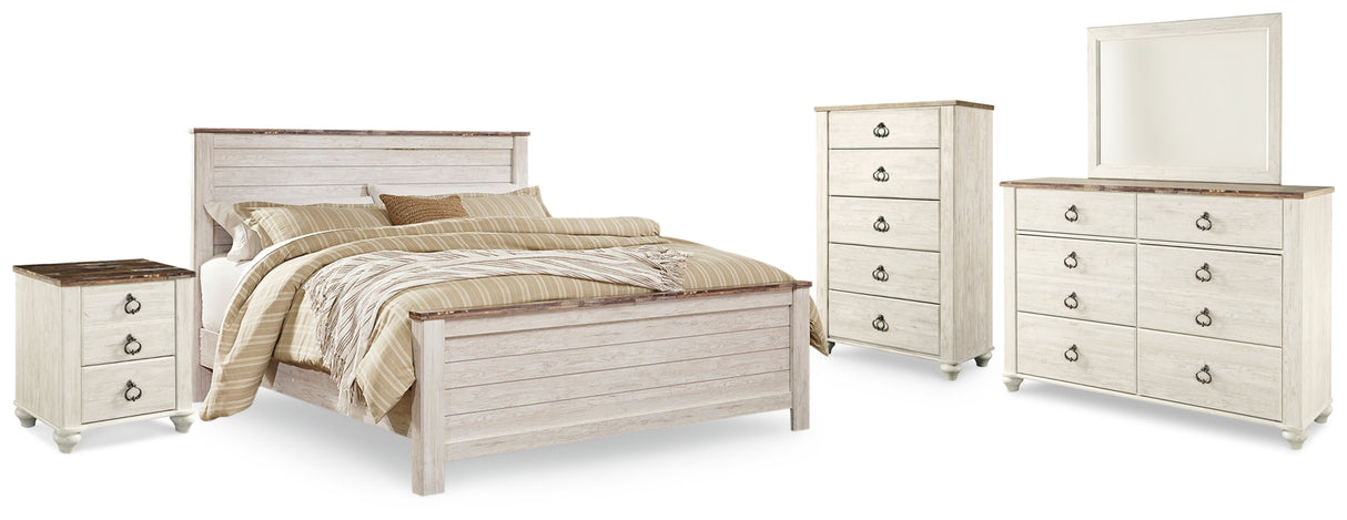 Willowton Whitewash King Panel Bed, Dresser, Mirror, Chest and Nightstand from Ashley - Luna Furniture