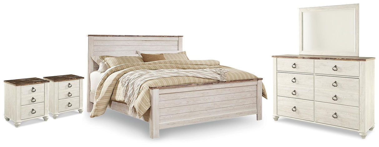 Willowton Whitewash King Panel Bed, Dresser, Mirror and 2 Nightstands from Ashley Furniture - Luna Furniture