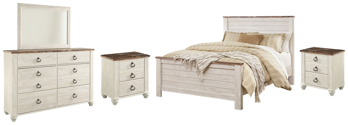 Willowton Queen Panel Bed with Mirrored Dresser and 2 Nightstands in Whitewash from Ashley Furniture - Luna Furniture