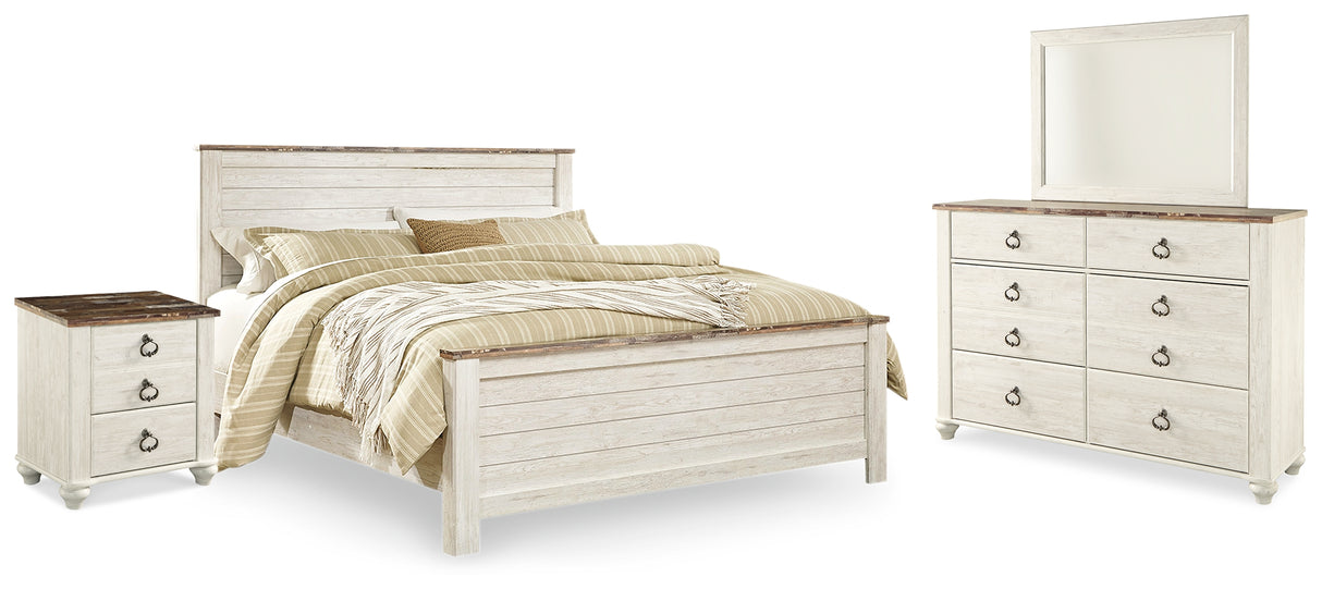 Willowton Whitewash King Panel Bed, Dresser, Mirror, and Nightstand from Ashley Furniture - Luna Furniture