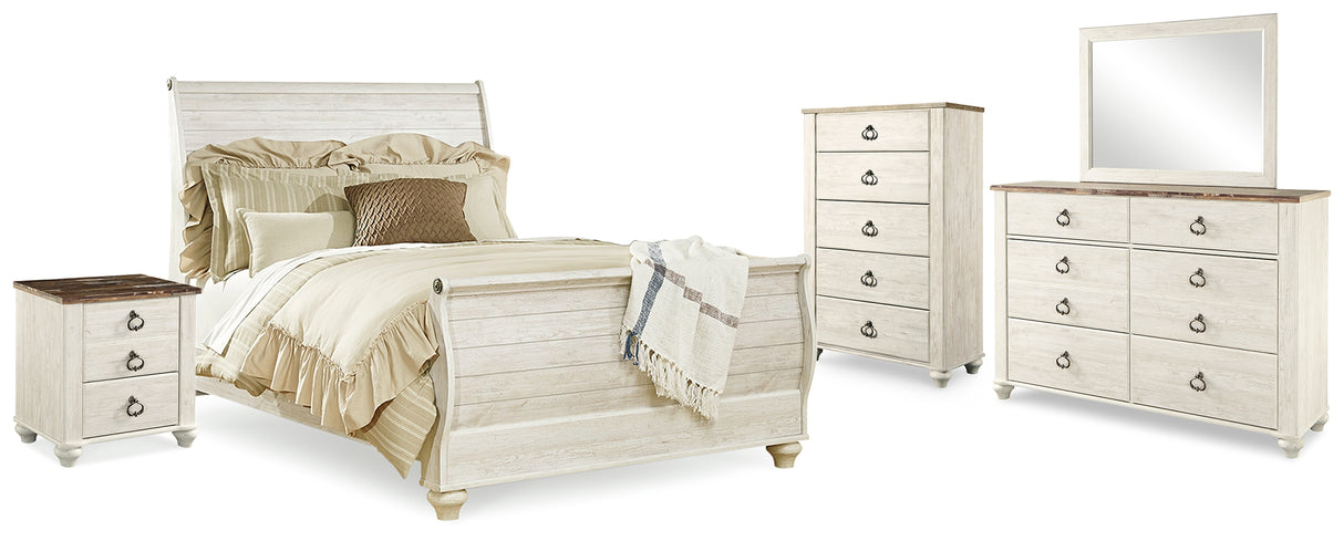 Willowton Whitewash Queen Sleigh Bed, Dresser, Mirror, Chest and Nightstand from Ashley Furniture - Luna Furniture