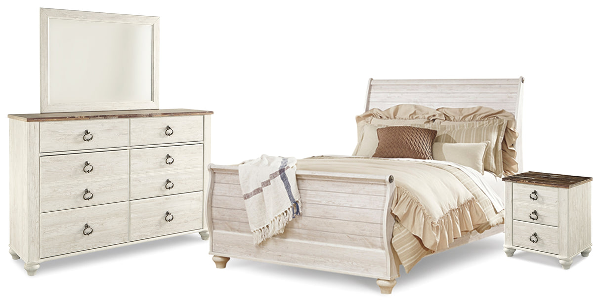 Willowton Whitewash Queen Sleigh Bed with Mirrored Dresser and Nightstand from Ashley Furniture - Luna Furniture
