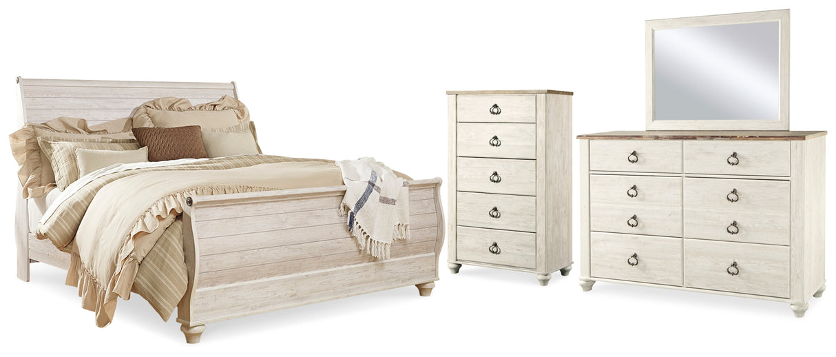 Willowton King Sleigh Bed with Mirrored Dresser and Chest in Whitewash from Ashley Furniture - Luna Furniture
