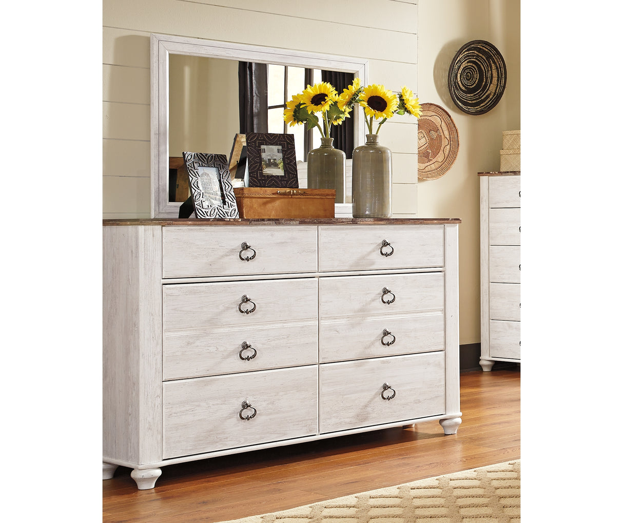 Willowton Whitewash Full Panel Bed, Dresser, Mirror, 2 Chests and nightstand from Ashley Furniture - Luna Furniture