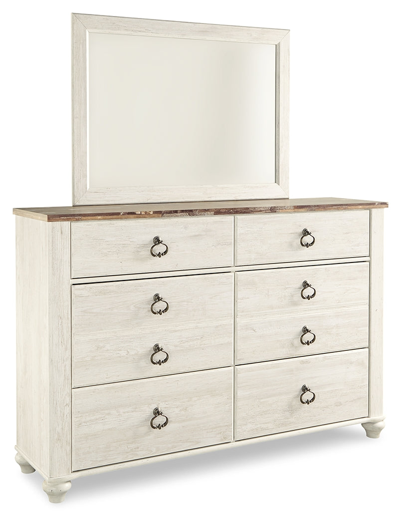 Willowton Queen Panel Bed with Mirrored Dresser and 2 Nightstands in Whitewash from Ashley Furniture - Luna Furniture