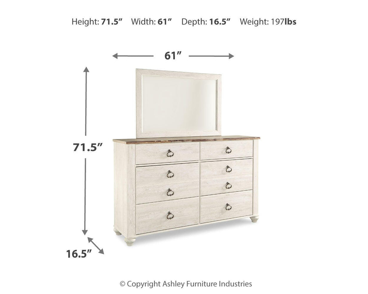Willowton Whitewash King Panel Bed, Dresser, Mirror, Chest and Nightstand from Ashley - Luna Furniture