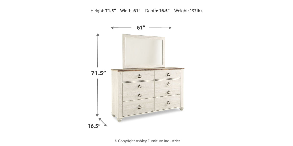 Willowton Whitewash King Panel Bed, Dresser, Mirror, Chest and Nightstand from Ashley - Luna Furniture