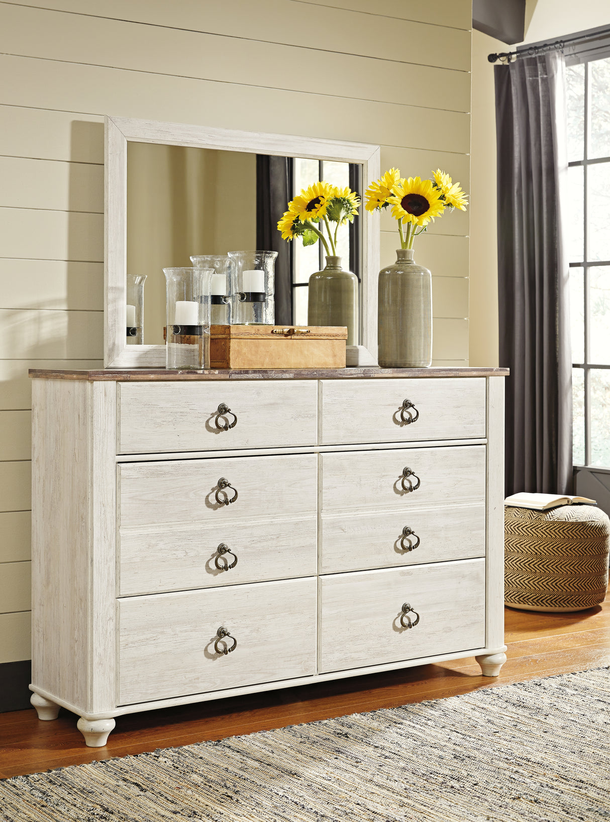 Willowton Queen Panel Bed with Mirrored Dresser and 2 Nightstands in Whitewash from Ashley Furniture - Luna Furniture