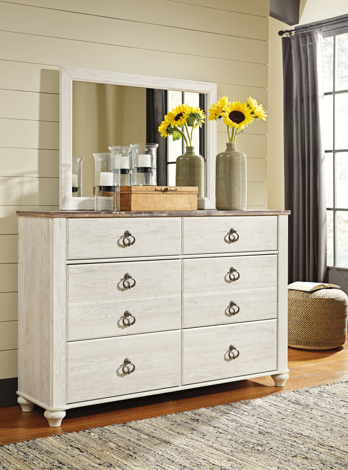 Willowton Whitewash King Panel Bed, Dresser, Mirror, Chest and Nightstand from Ashley - Luna Furniture